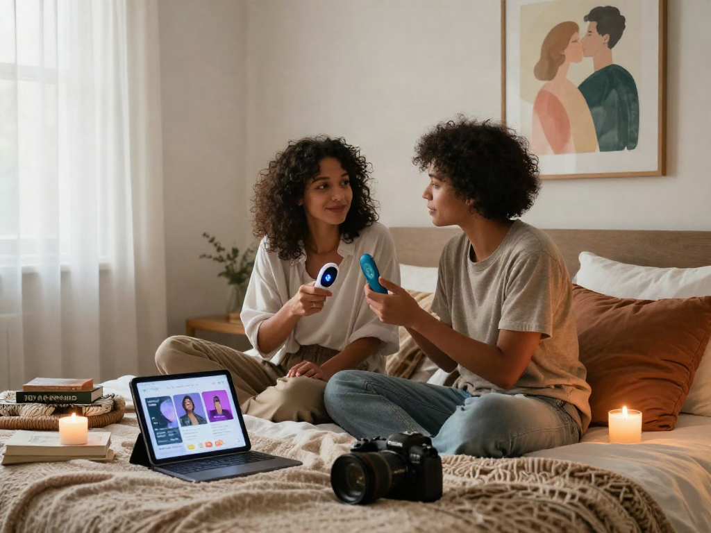Couple discussing ai sex tools in a cozy bedroom setting, reflecting modern intimacy.