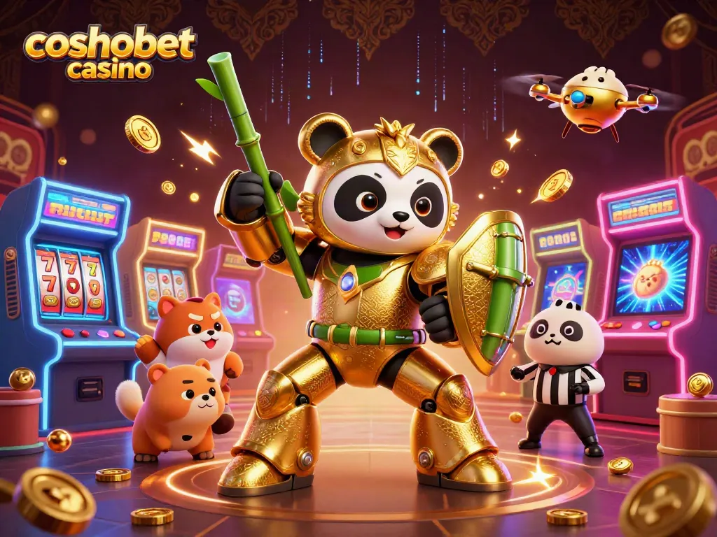 Experience cosmobet casino action with a golden panda mech in a vibrant casino arena.