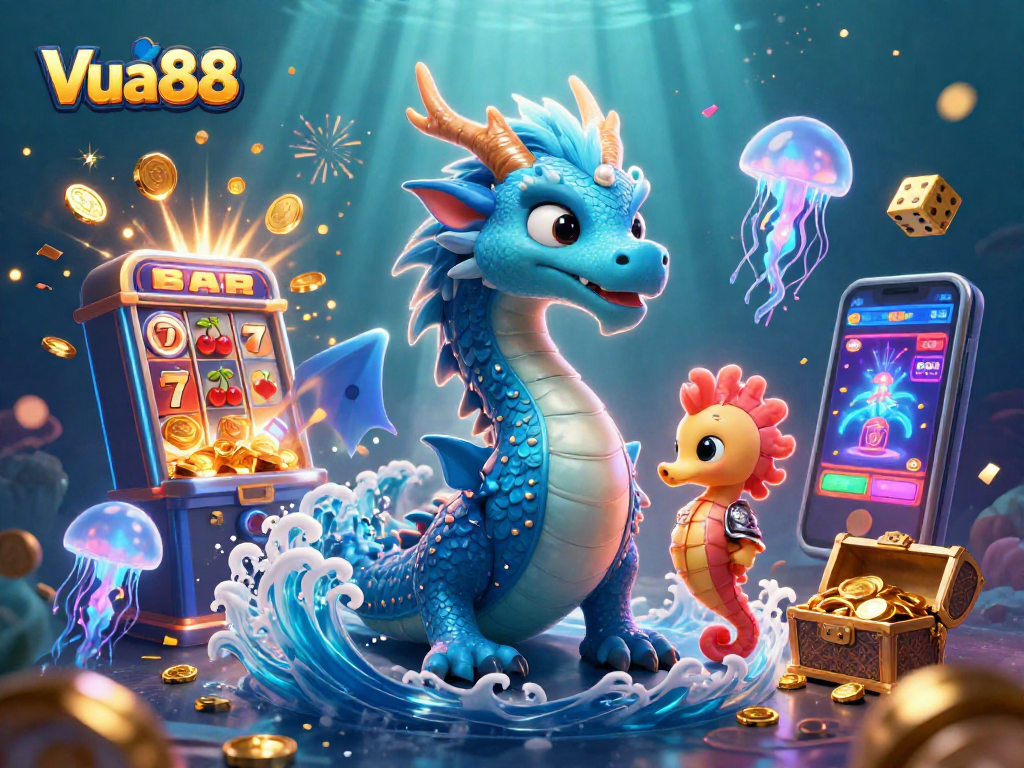 Experience thrilling games at Vua88 with a dazzling jackpot scene featuring dynamic casino elements and vibrant characters.