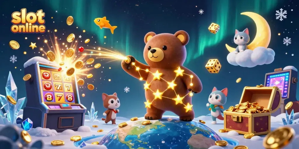 Play exciting slot online games with a dynamic cartoon illustration featuring a jackpot explosion.