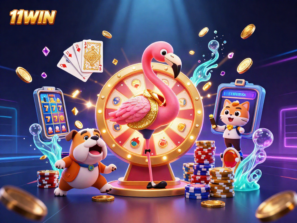 Experience excitement with 11WIN as a game show host, bulldog, and cat reveal dynamic casino prizes.