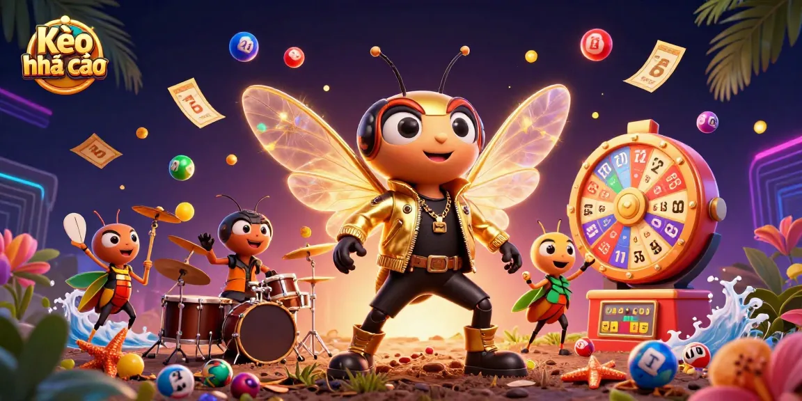 Kèo nhà cái showcases an exciting gambling scene with vibrant lottery elements and animated characters.
