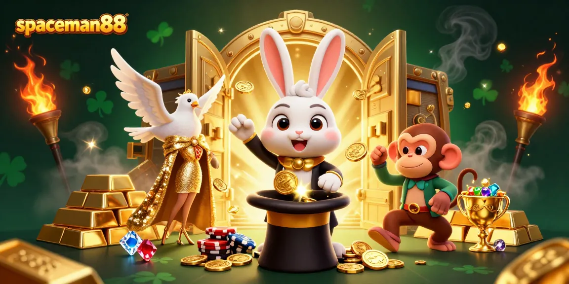Join the excitement at spaceman88 with golden coins, poker chips, and gems in a dazzling animated scene.