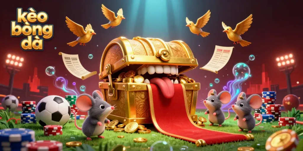 Engage in kèo bóng đá with vibrant sports betting theme showcasing treasure chest and mice.
