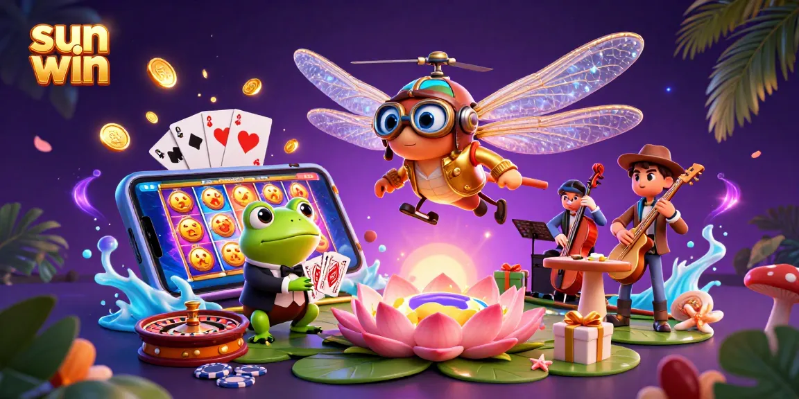 Experience the excitement of sun win with a lively 3D casino scene featuring engaging characters and dynamic slot games.