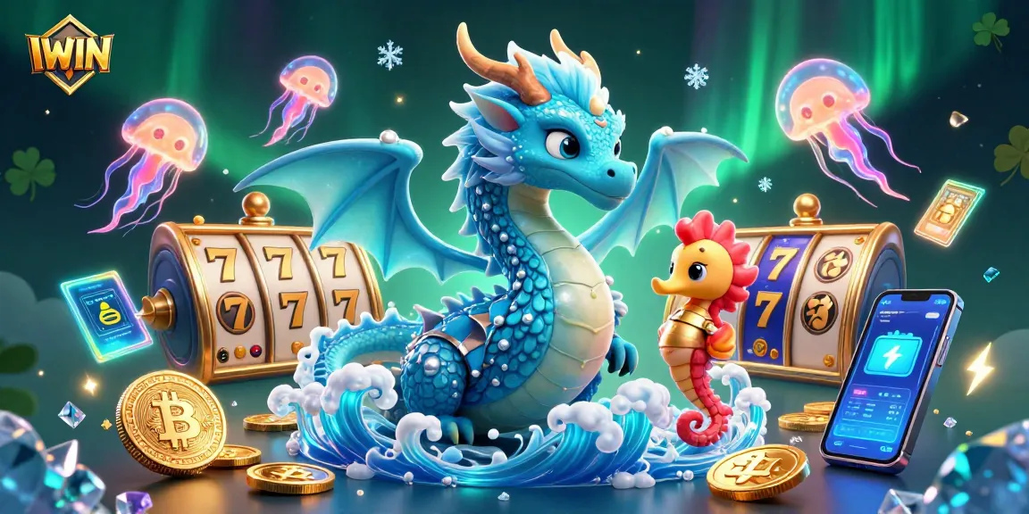 Engage with IWIN's dynamic casino scene featuring a water dragon, seahorse knight, and vibrant game elements.