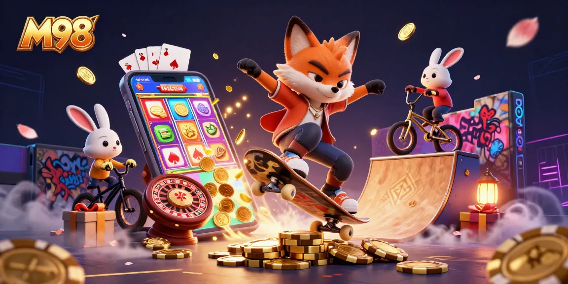 M98 spins the reels with a vibrant scene of a piggy bank and golden poker chips, showcasing exciting casino wins.