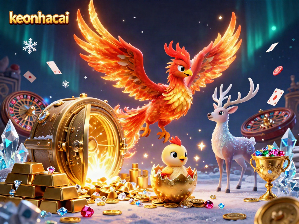 Engage with keonhacai in this cinematic casino illustration featuring a vibrant phoenix, poker table, and treasures.