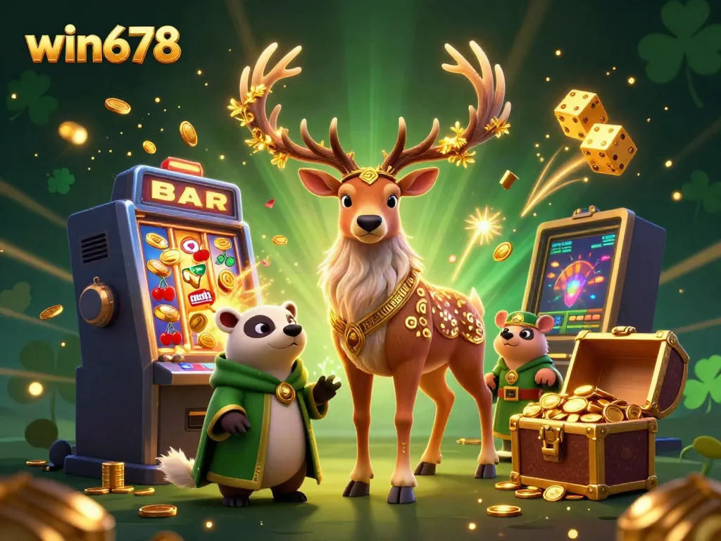 Win678 casino illustration showing a Celtic stag and badger amidst vibrant gaming elements, evoking excitement and magic.