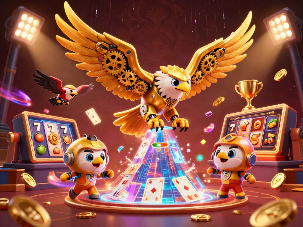 Experience thrilling action with hit club in a dynamic casino scene featuring golden eagle and slot elements.