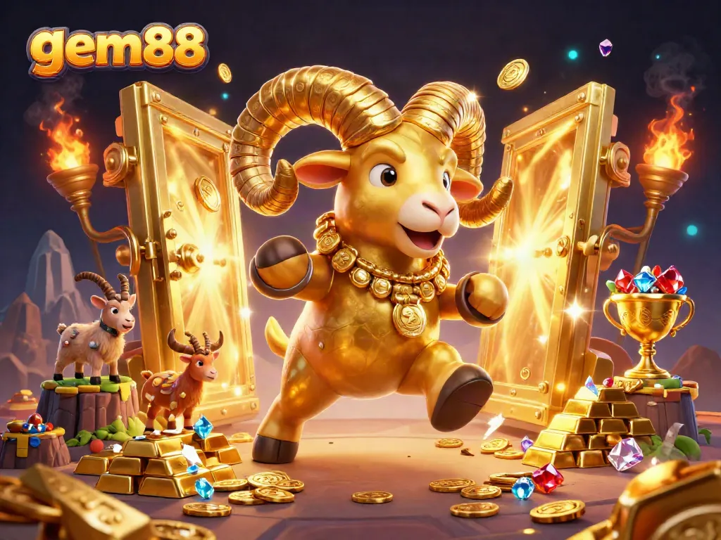 Experience thrilling gameplay at gem88 with a golden ram charging through a casino world.