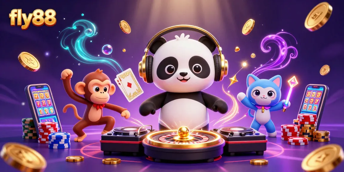 Experience thrilling gameplay at fly88 with an electrifying 3D illustration of fun characters and casino elements.