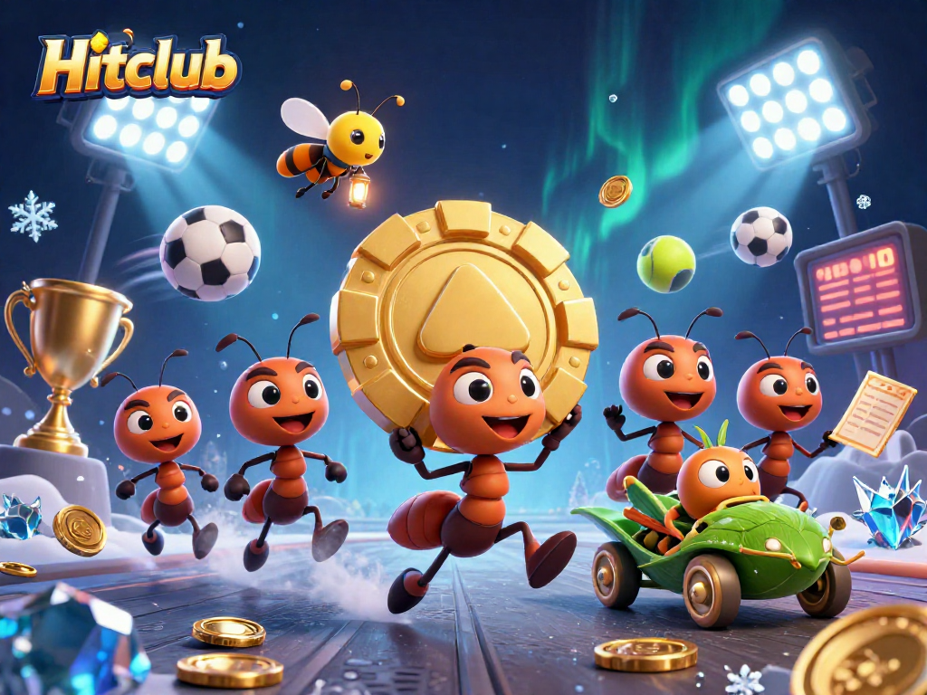 Hitclub features a 3D cartoon team extracting a large poker chip amidst flying sports balls in a dynamic casino heist scene.