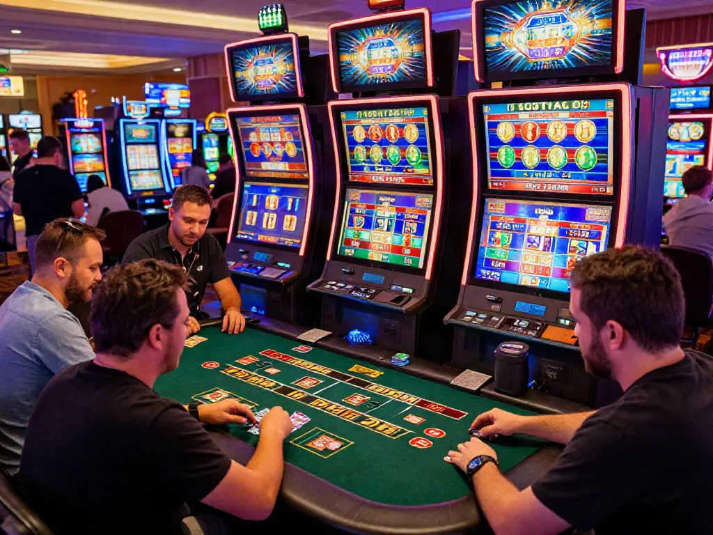 Players enjoying their time at bustling credit card casino sites with vibrant lights and dynamic gameplay.