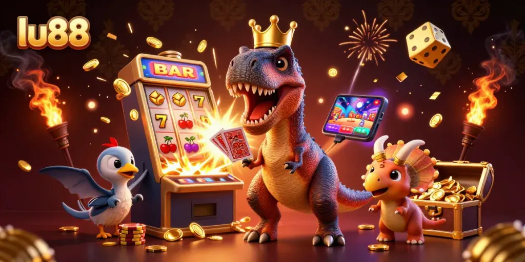 Experience the excitement of lu88 with a T-Rex shuffling cards and animated slot machine bursting with coins and symbols.