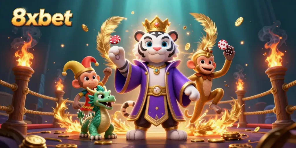 Experience dynamic betting action with 8xbet through a vibrant 3D casino scene, featuring a majestic tiger and playful dragon.