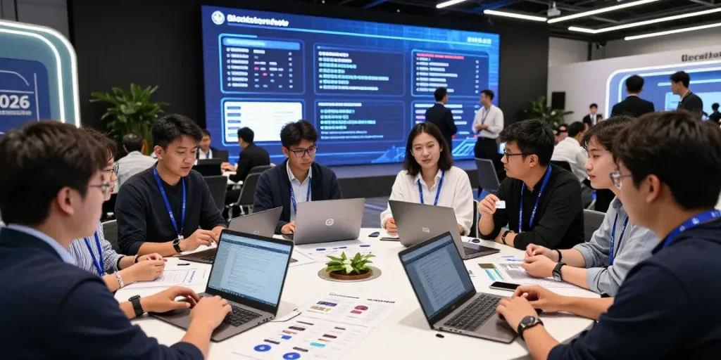 Blockchain 2026 conference scene showcasing diverse participants discussing innovations and analytics in an engaging environment.