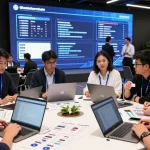 Blockchain 2026 conference scene showcasing diverse participants discussing innovations and analytics in an engaging environment.