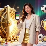 与美丽的亚洲女性在充满活力的赌场场景中展示体育投注应用的Telegram下载。