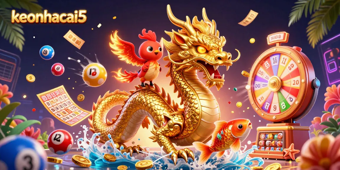 Engage with keonhacai5 using vibrant lottery balls and lively casino characters in a dynamic gaming scene.