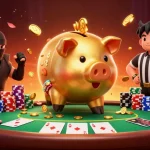 NET88 showcases a golden piggy bank sumo wrestler winning poker with vibrant casino elements.