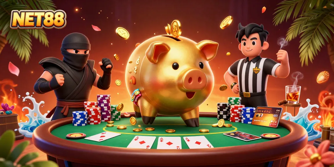 NET88 showcases a golden piggy bank sumo wrestler winning poker with vibrant casino elements.