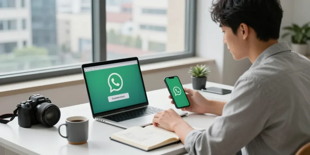Downloading WhatsApp下載 on a laptop in a modern workspace with urban city views.