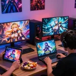 Players enjoying dynamic hentai ganes on multiple devices in a cozy gaming setup.