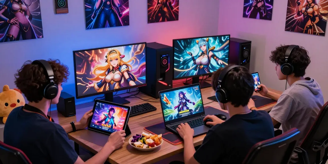 Players enjoying dynamic hentai ganes on multiple devices in a cozy gaming setup.