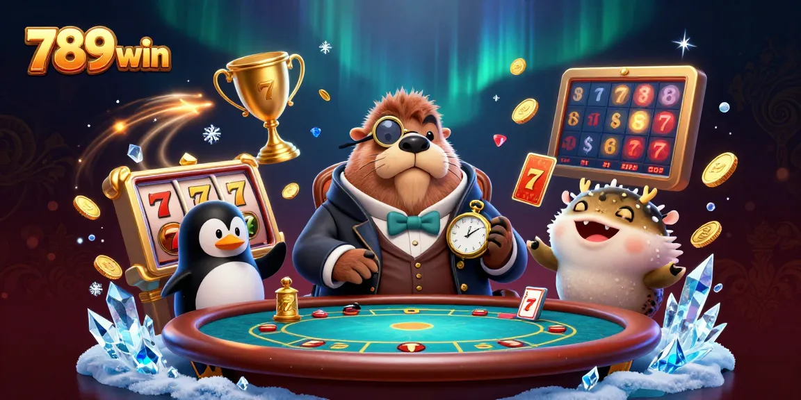 Experience dynamic gaming at 789win's underwater casino as cartoon walrus plays poker.