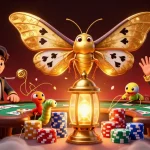 Engage in thrilling casino action with the majestic NBET butterfly at a vibrant poker table.