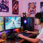 Engaged gamer playing femboy hentai games with colorful characters and stylish setup.