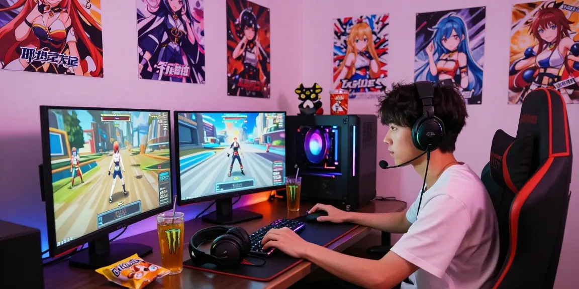 Engaged gamer playing femboy hentai games with colorful characters and stylish setup.