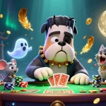 Engage with ZBET's spooky green-lit casino atmosphere featuring a whimsical Frankenstein bulldog dealer.