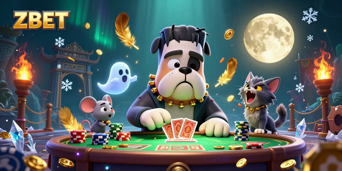 Engage with ZBET's spooky green-lit casino atmosphere featuring a whimsical Frankenstein bulldog dealer.
