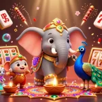 Experience llwin's vibrant casino dynamic artwork featuring a colorful elephant, peacock, and slot games.