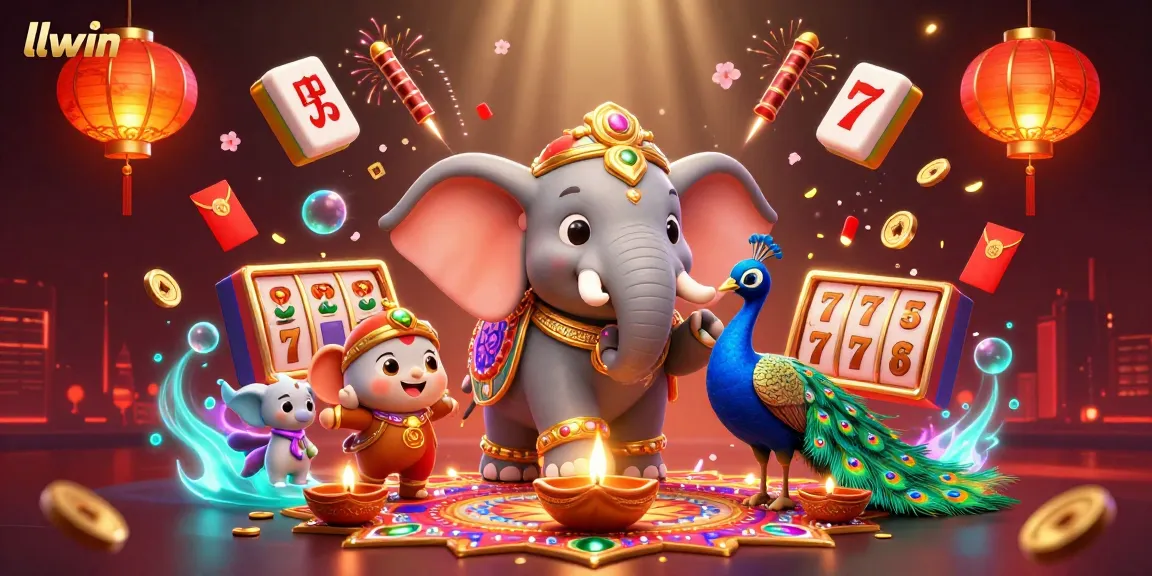 Experience llwin's vibrant casino dynamic artwork featuring a colorful elephant, peacock, and slot games.