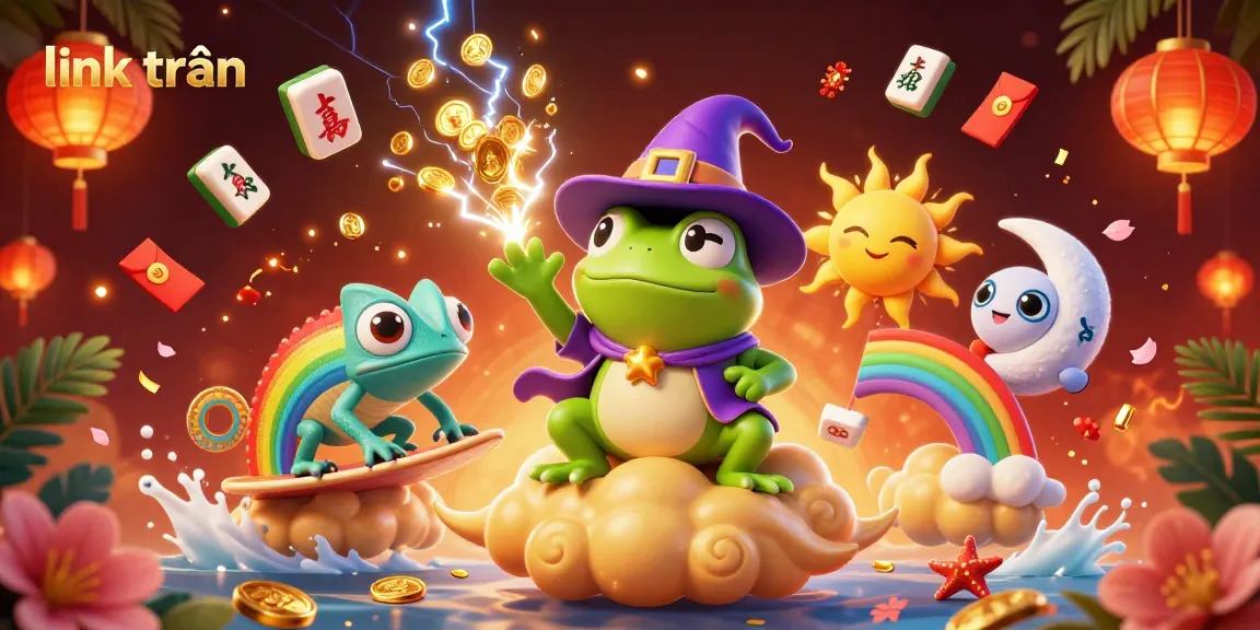Bet on luck with link trần as the wizard frog conjures golden coins in a vibrant casino scene.