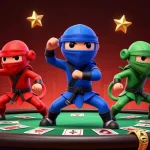 IWIN ninja chameleons engage in a thrilling poker showdown with vibrant casino elements.