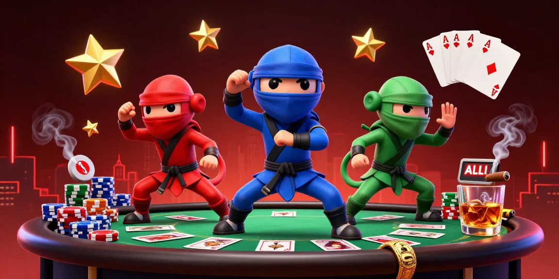 IWIN ninja chameleons engage in a thrilling poker showdown with vibrant casino elements.
