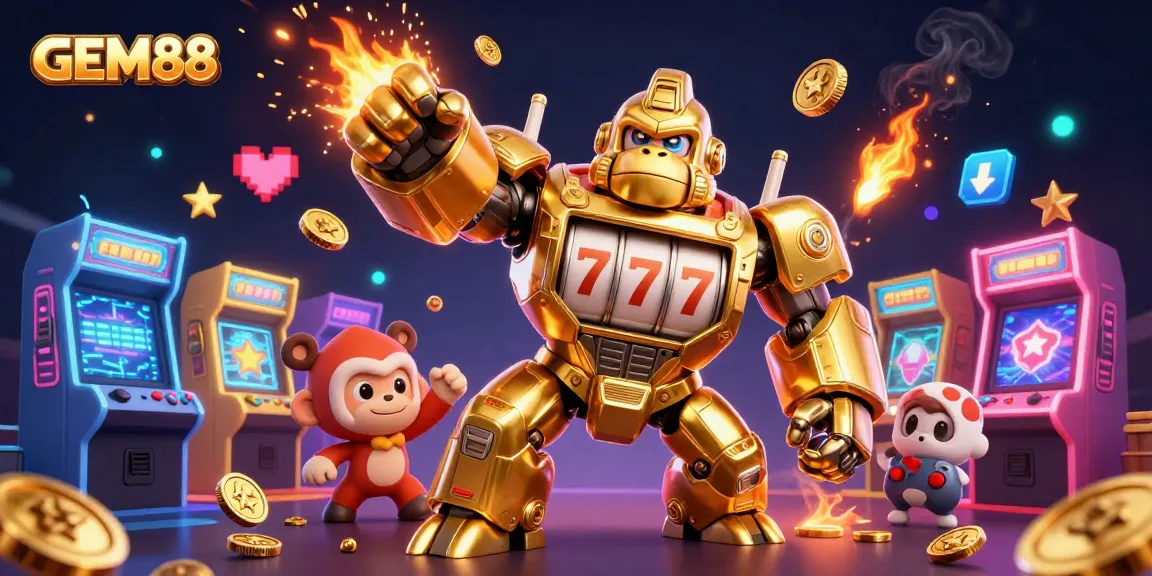 Play thrilling games at GEM88 featuring vibrant 3D arcade machines and unique mech characters.