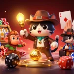 Engaging illustration of slot 5 ribu where a cartoony archaeologist cat finds a golden casino artifact amid vibrant slot games.