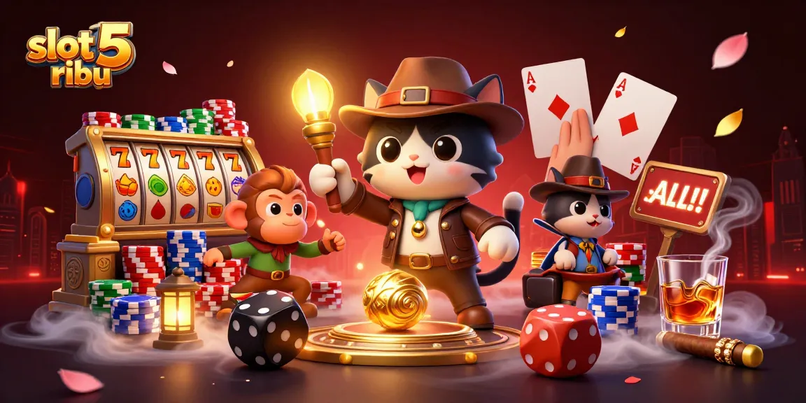 Engaging illustration of slot 5 ribu where a cartoony archaeologist cat finds a golden casino artifact amid vibrant slot games.