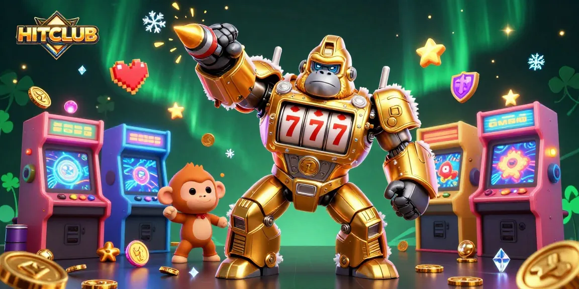 Experience the HITCLUB gaming action with a vibrant 3D illustration of slot machines and arcade joy.