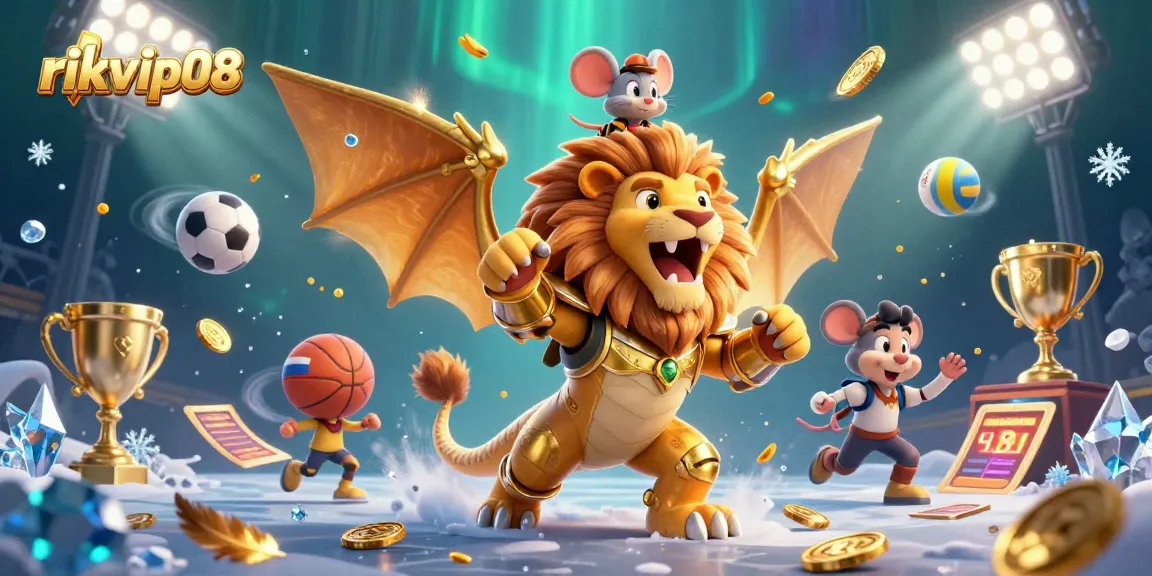 rikvip08 showcases an exhilarating scene of a golden chimera and sports elements, capturing the thrill of gambling.