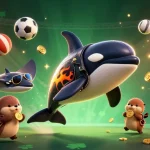 Experience thrilling action at 98win with a cartoon orca, a stingray, and otters amidst dynamic sports elements.