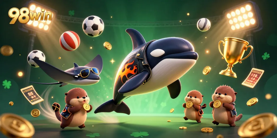 Experience thrilling action at 98win with a cartoon orca, a stingray, and otters amidst dynamic sports elements.