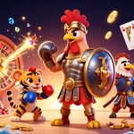 Experience the thrill of ysl as a gladiator rooster battles in a vibrant casino colosseum.