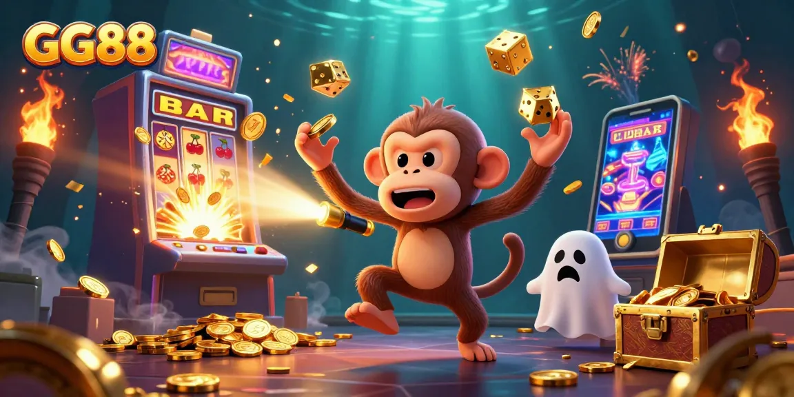 Engage with GG88's lively casino scene featuring a mystical poltergeist monkey and a curious ghost-hunter puppy.