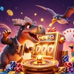 Experience thrilling kèo nhà cái excitement with cartoon dinosaurs and golden jackpots in an action-packed casino scene.